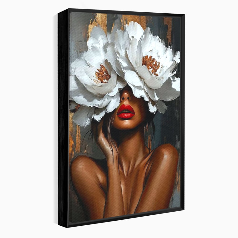 Tablou canvas cu tablou canvas cu portret de femeie, in rama de aluminiu negru